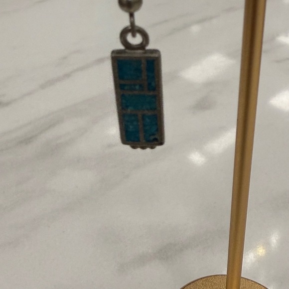 Turquoise Inlay Earrings, Southwestern Style Silver Tone Dangle Earrings - Picture 3 of 3